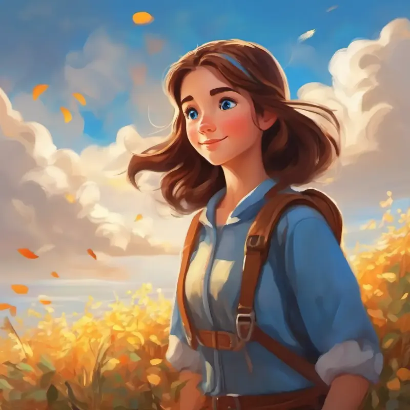 Cheerful girl with brown hair, bright blue eyes's realization about the power of dedication and belief, and her determination to keep dreaming.