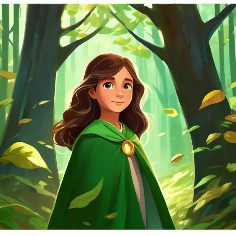 Caring girl, 8 years old, long brown hair, deep brown eyes, always wears a green cape at forest entrance, trees glow faintly, sunlight peeks through leaves
