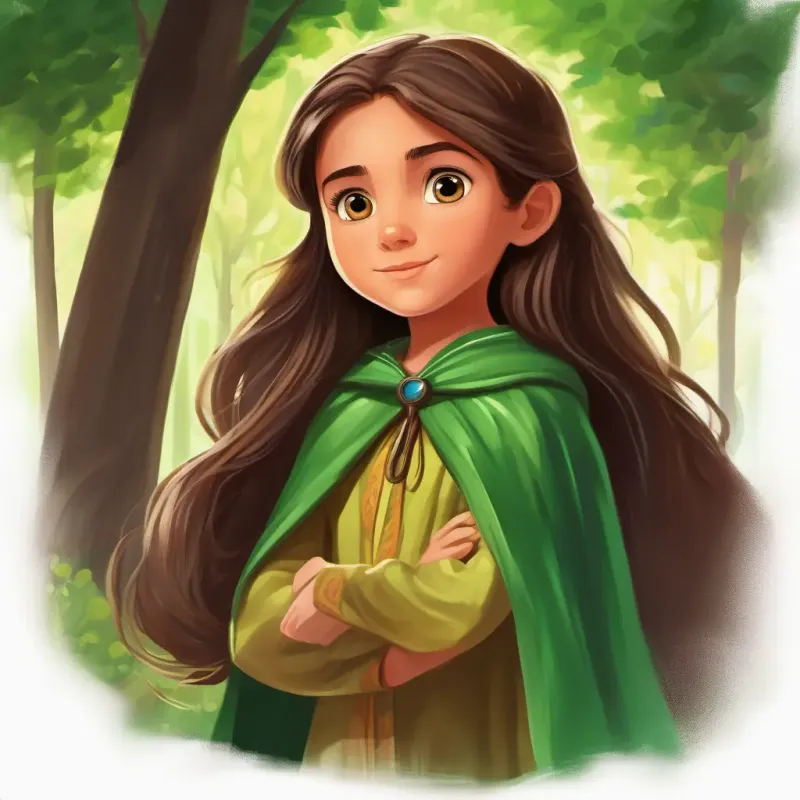 Caring girl, 8 years old, long brown hair, deep brown eyes, always wears a green cape stepping in, her eyes wide with wonder, trees leaning in closer
