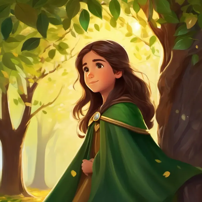 Caring girl, 8 years old, long brown hair, deep brown eyes, always wears a green cape hugging the tree, leaves emitting a soft glow, warmth permeating the air