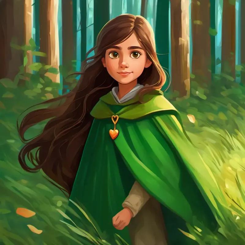 Caring girl, 8 years old, long brown hair, deep brown eyes, always wears a green cape leaving the forest, looking reflective, heart shapes around her
