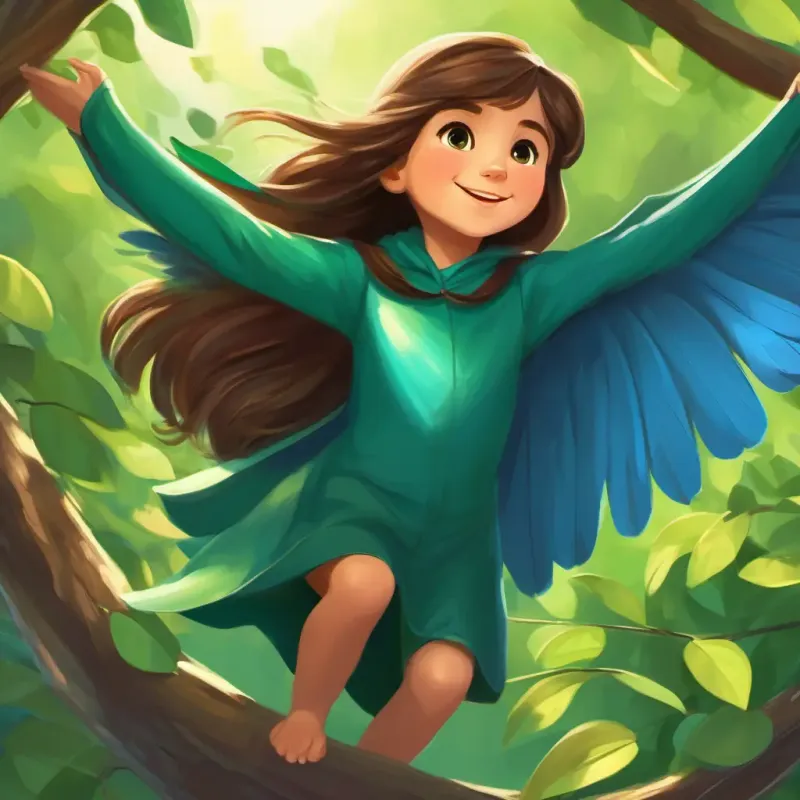 A bluebird greeting Caring girl, 8 years old, long brown hair, deep brown eyes, always wears a green cape, joyfully flapping its wings, perched on a branch