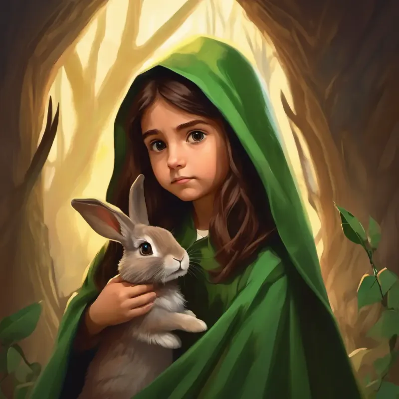 Rabbit looking scared, Caring girl, 8 years old, long brown hair, deep brown eyes, always wears a green cape comforting it, thorns representing fear
