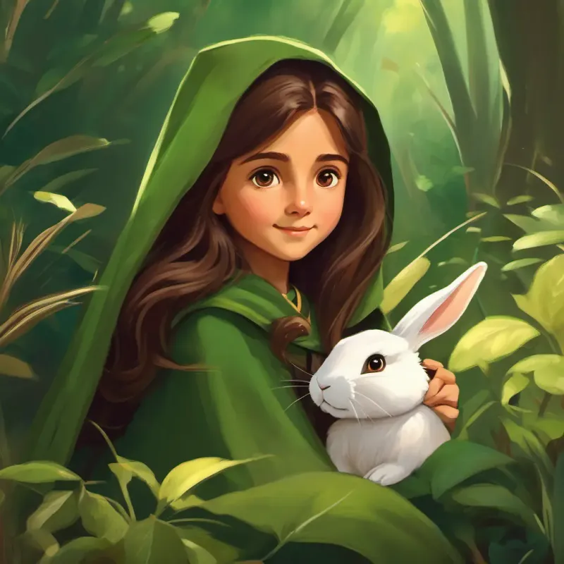 Caring girl, 8 years old, long brown hair, deep brown eyes, always wears a green cape giving the rabbit a helping hand, teaching about bravery, clearing thorns