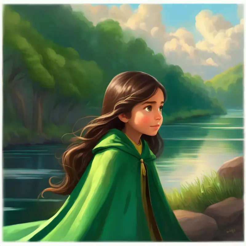 Caring girl, 8 years old, long brown hair, deep brown eyes, always wears a green cape listening to the stream's tales, reflections of clouds looking like emotions