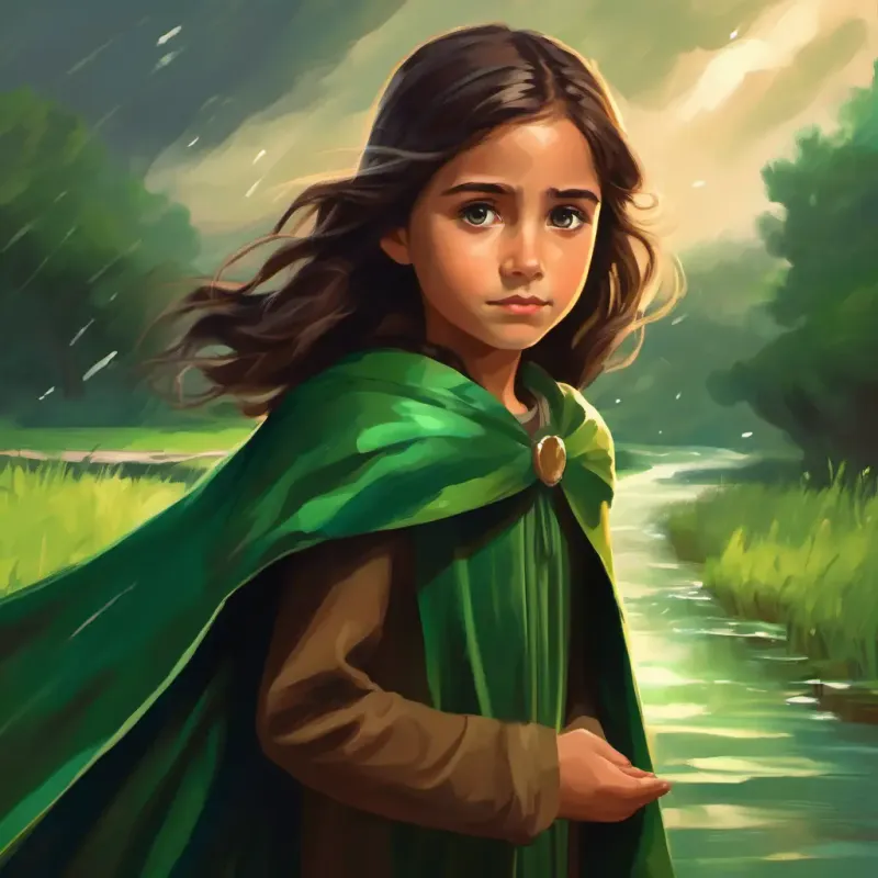 Caring girl, 8 years old, long brown hair, deep brown eyes, always wears a green cape empathizing with the stream's sorrow, a cloudburst symbolizing tears
