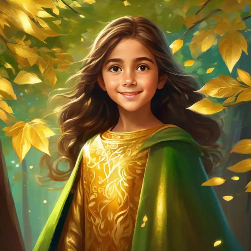 Golden tree shimmering, leaves rustling with joy, showering Caring girl, 8 years old, long brown hair, deep brown eyes, always wears a green cape with happiness