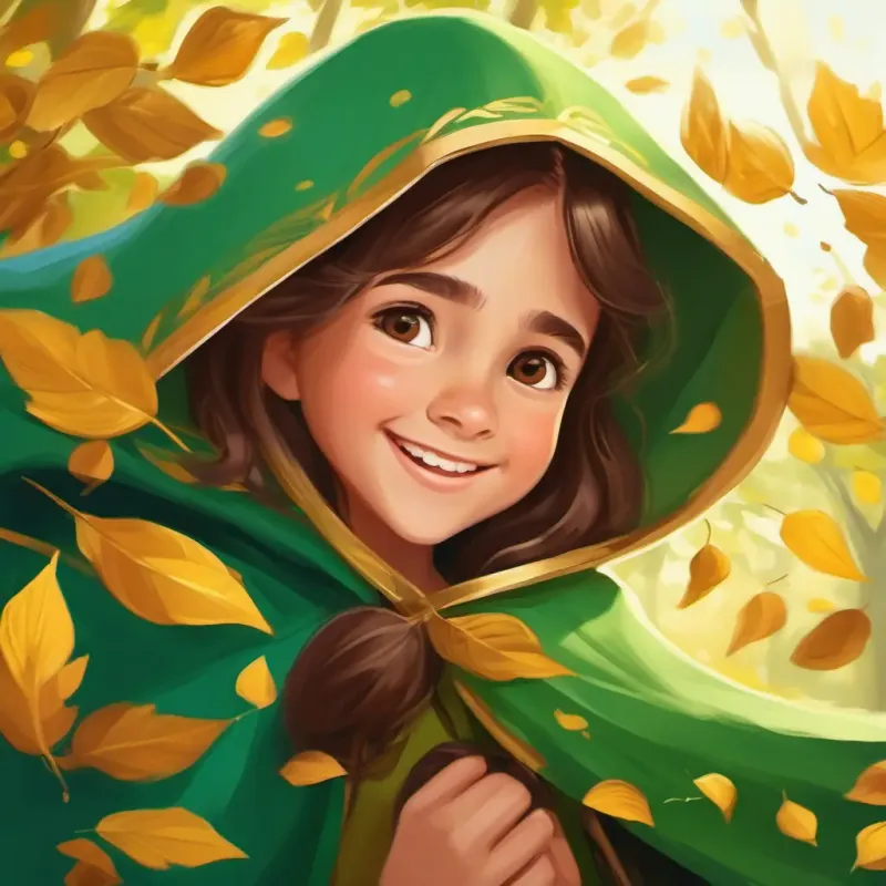 Joyful interaction, golden leaves swirling around, Caring girl, 8 years old, long brown hair, deep brown eyes, always wears a green cape's laughter echoing