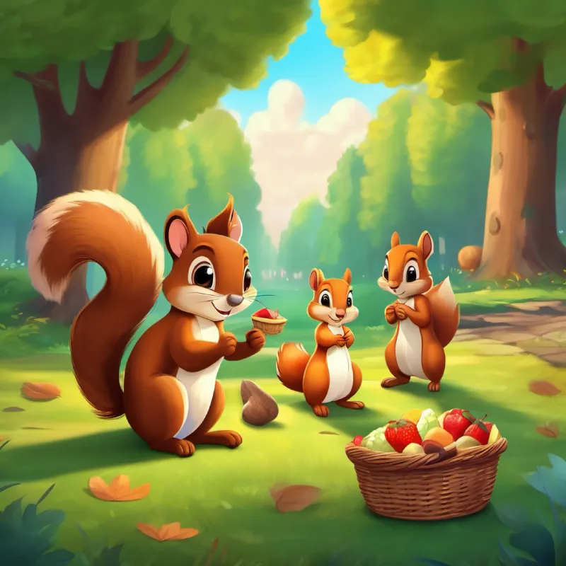 Introducing Happy squirrel, bushy tail, brown fur and his friends in the park, planning a picnic.