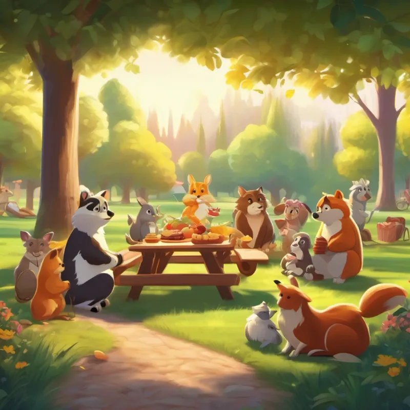 The animals preparing for the picnic, inviting everyone in the park.