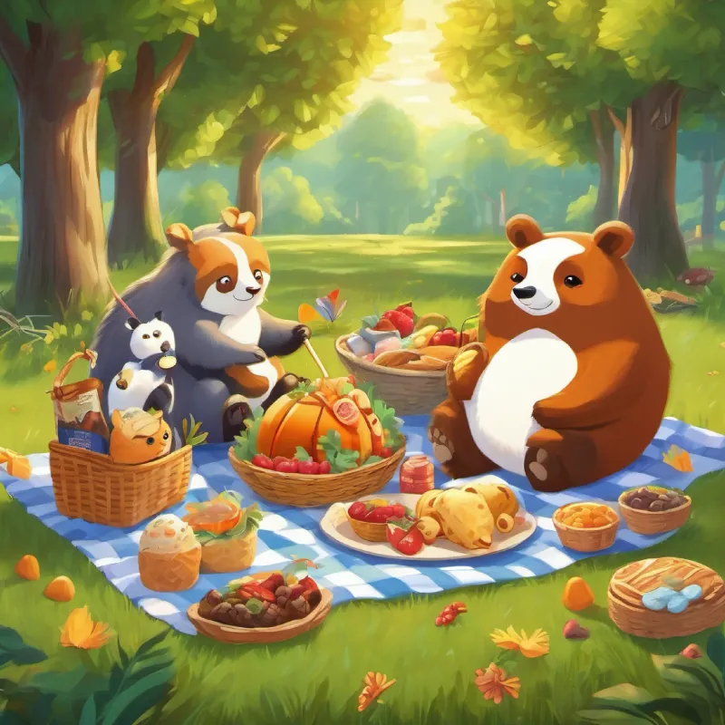 Animals bringing different foods to the picnic, blanket covered in treats.
