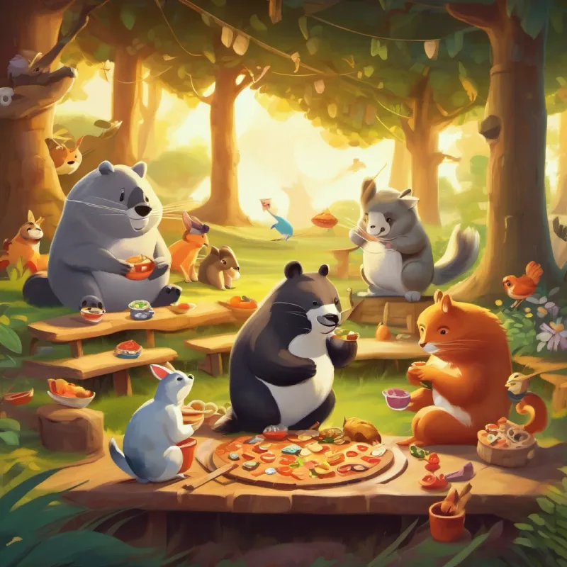 Animals eating and playing games together, having a great time.
