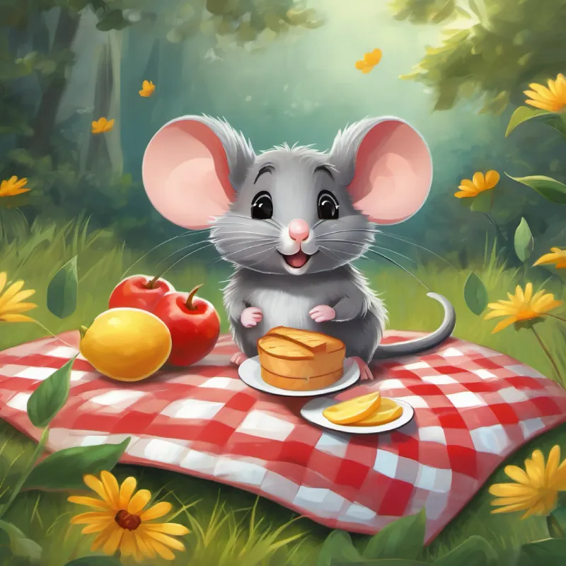 Introducing Little mouse, grey fur, bright eyes the mouse, who joins the picnic.
