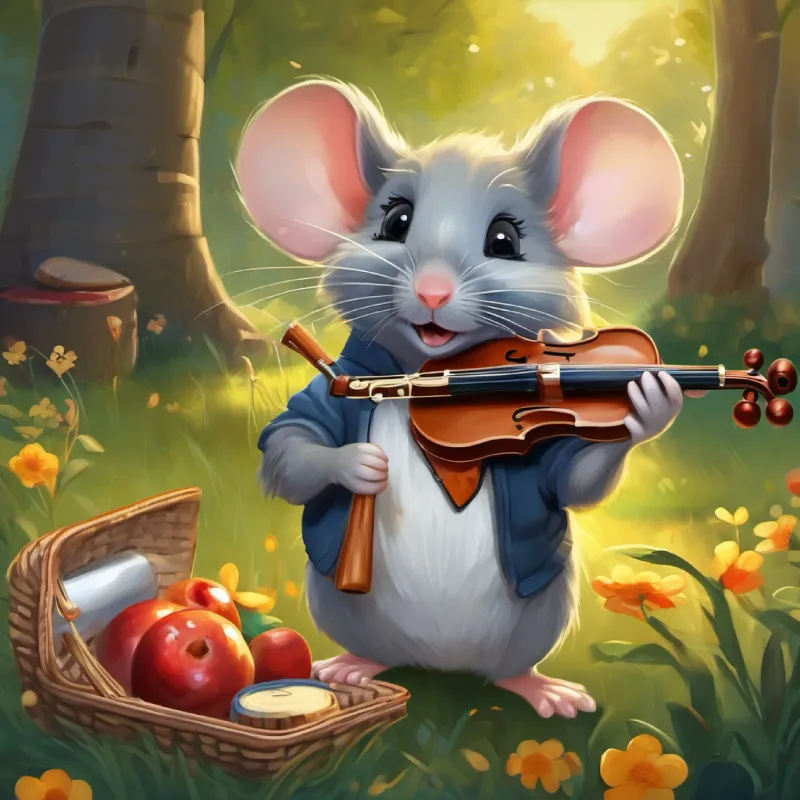 Little mouse, grey fur, bright eyes brings a flute to the picnic, everyone enjoys the music.
