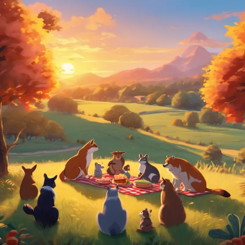 The picnic ends at sunset, animals happy with full bellies, agreeing to meet again.