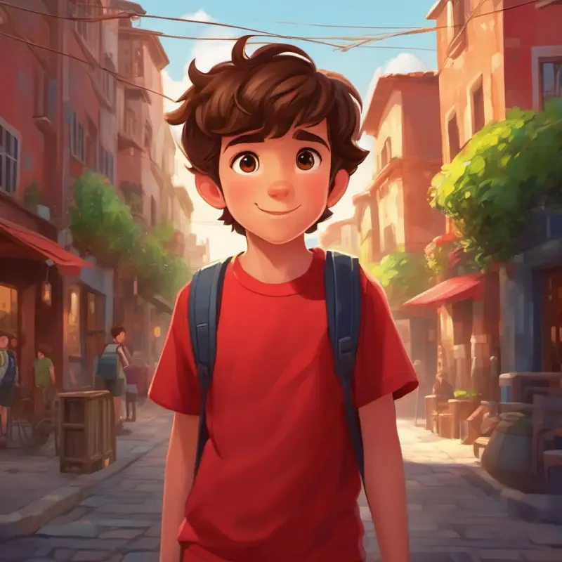 Boy with brown hair, friendly eyes, wearing a red t-shirt finds a noise, street setting