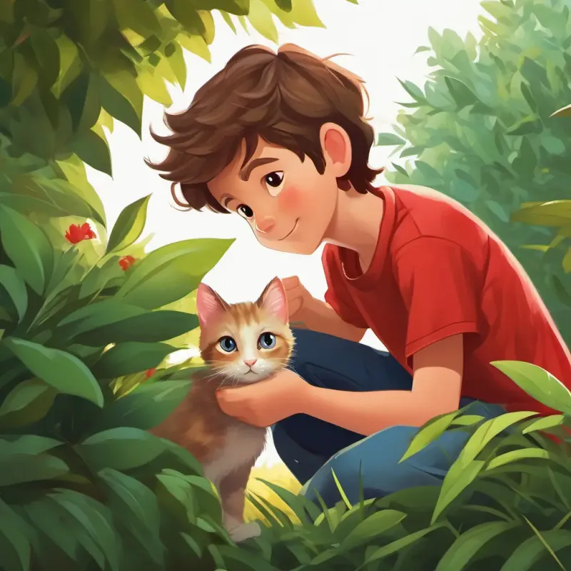 Boy with brown hair, friendly eyes, wearing a red t-shirt spots a kitten, under a bush