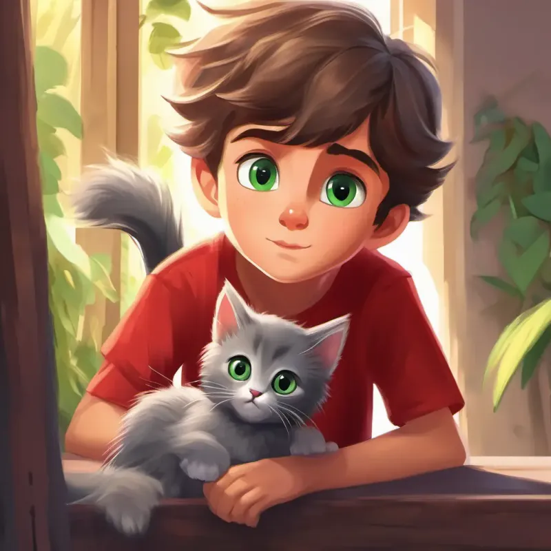 Small, fluffy, gray kitten with green eyes appears scared, Boy with brown hair, friendly eyes, wearing a red t-shirt concerned