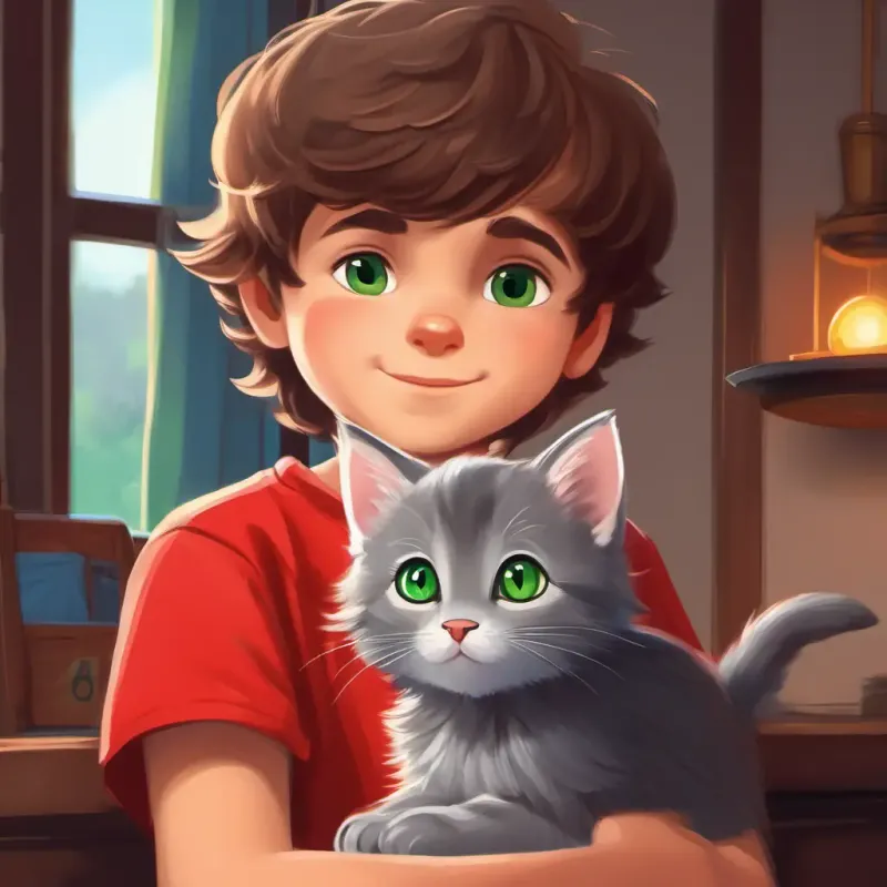 Small, fluffy, gray kitten with green eyes trusts Boy with brown hair, friendly eyes, wearing a red t-shirt, feels safer