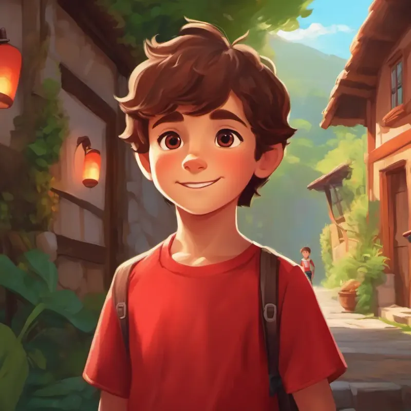 Boy with brown hair, friendly eyes, wearing a red t-shirt shows kindness, starts quest