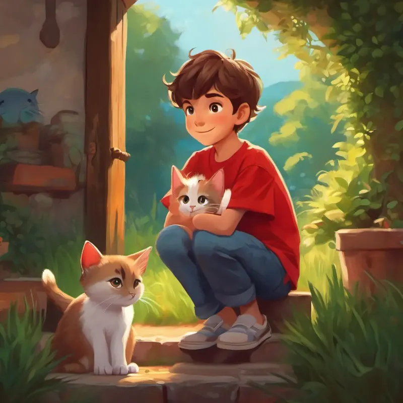Boy with brown hair, friendly eyes, wearing a red t-shirt's creative idea to find kitten's home