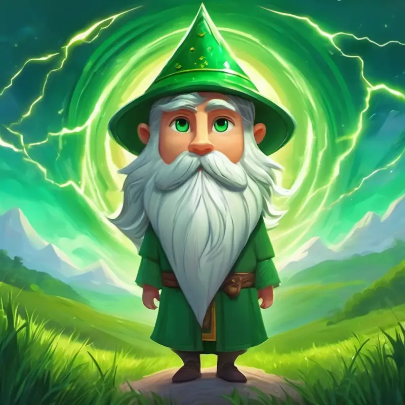 Wise and powerful god with a long beard His eyes sparkle with lightning and the Fluffy and playful with emerald green eyes that shine playing in the meadows, having fun together.