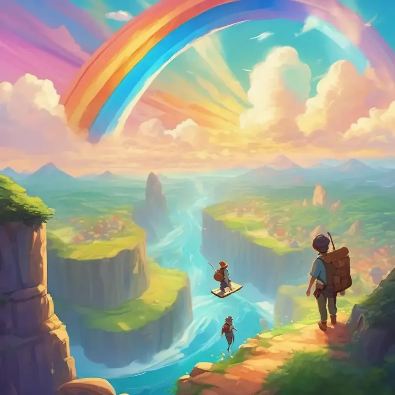 The duo embarking on an adventure, flying on a magical rainbow to new lands.