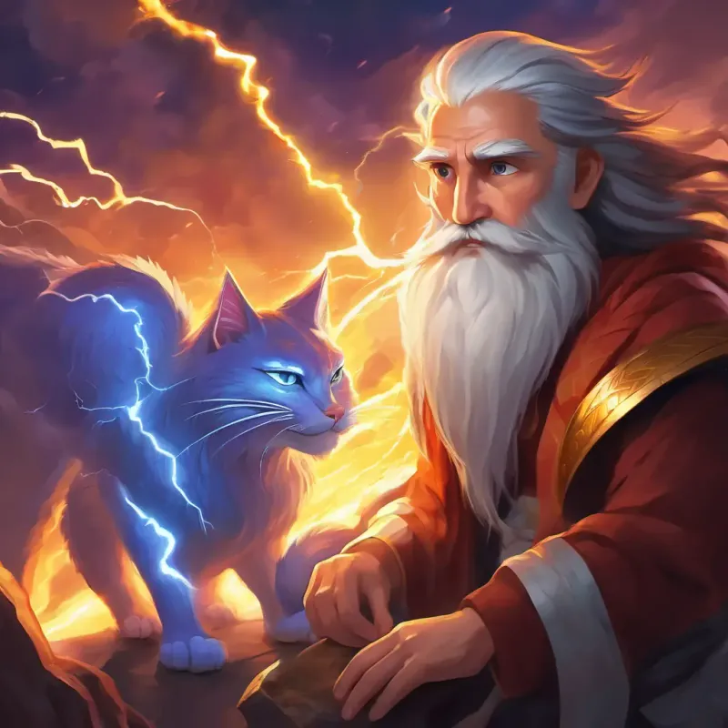 Wise and powerful god with a long beard His eyes sparkle with lightning and the cat facing the dragon, using their skills to outwit it.