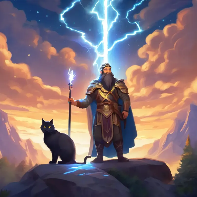Wise and powerful god with a long beard His eyes sparkle with lightning and the cat returning to Mount Olympus, sharing their adventure with other gods and animals.