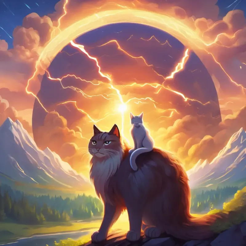 An ending with Wise and powerful god with a long beard His eyes sparkle with lightning and the cat having more adventures and fun in Mount Olympus.