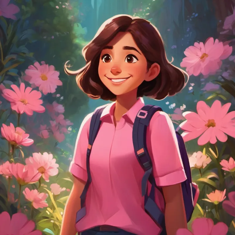 Intro, Girl with power to bloom flowers, giggles Pink backpack, brown eyes in her home, excited to start her journey to Giggle Peaks.
