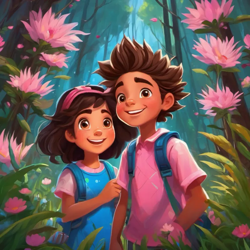 Girl with power to bloom flowers, giggles Pink backpack, brown eyes meets Boy with sneeze-induced whirlwinds, spiky hair, blue eyes in Whispering Woods; they become friends.