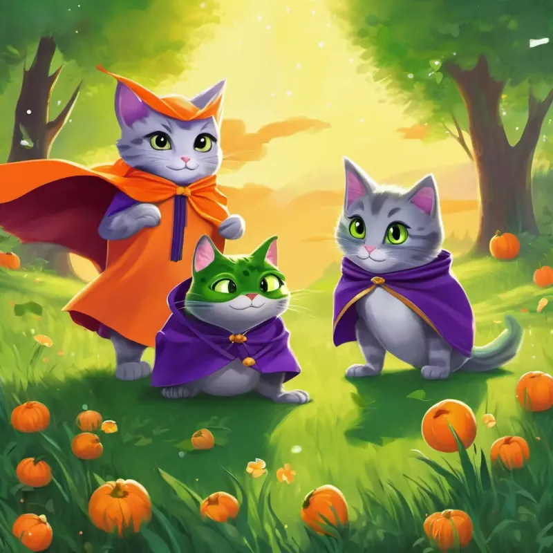 In a bright green meadow under a sunny sky, A gray kitty with green eyes, wearing a purple superhero cape the kitty with soft gray fur and green eyes, and A shiny green frog with big orange eyes, wearing an orange superhero cape the frog with shiny green skin, are playing together. Above them, you can see a twinkling star falling from the sky.