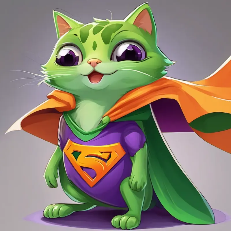A gray kitty with green eyes, wearing a purple superhero cape and A shiny green frog with big orange eyes, wearing an orange superhero cape put on their superhero capes – A gray kitty with green eyes, wearing a purple superhero cape's is purple and A shiny green frog with big orange eyes, wearing an orange superhero cape's is orange. They stand in front of the spaceship, looking determined and courageous.