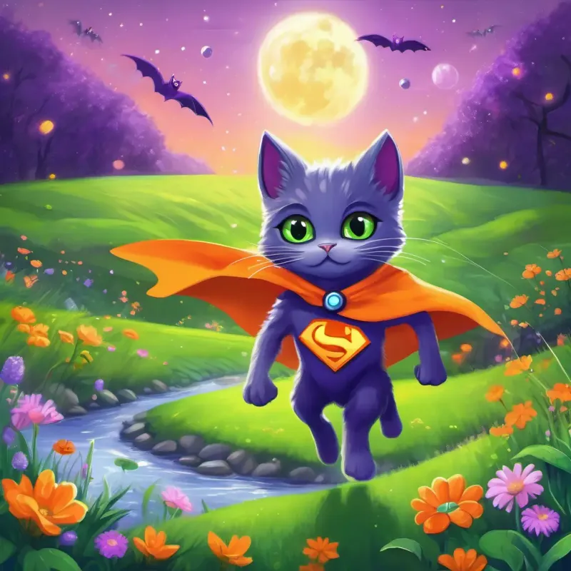 A gray kitty with green eyes, wearing a purple superhero cape points to the beautiful green meadow, and A shiny green frog with big orange eyes, wearing an orange superhero cape leads the aliens to the sparkling river and colorful flowers. The aliens' eyes light up with wonder and amazement.