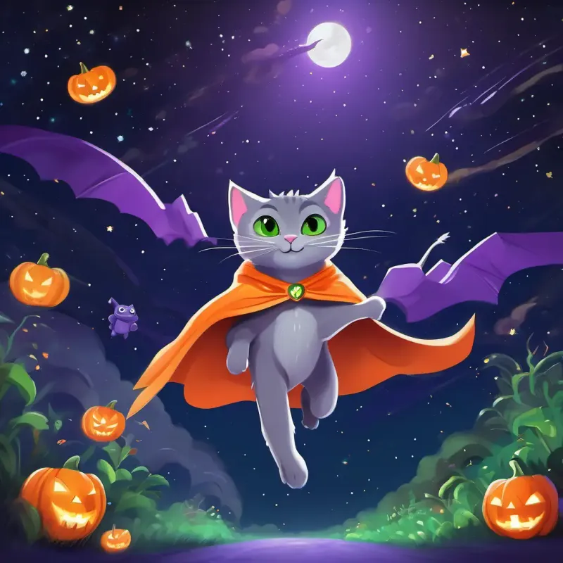 The aliens' spaceship flies off into the starry night sky, leaving behind a trail of glittering stardust. A gray kitty with green eyes, wearing a purple superhero cape and A shiny green frog with big orange eyes, wearing an orange superhero cape dance and play, looking happy and proud of their accomplishment.