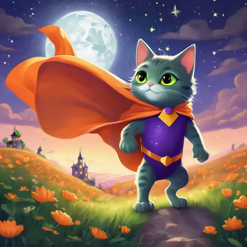 The story's final page shows A gray kitty with green eyes, wearing a purple superhero cape and A shiny green frog with big orange eyes, wearing an orange superhero cape waving at the reader from the meadow. In the sky above, the stars twinkle and the moon shines down on the Earth.