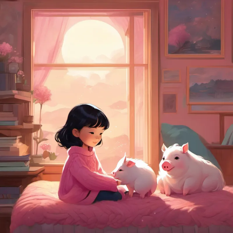 A cozy illustration of Cindy and her pet pig Bao at home, surrounded by warmth, snuggled up together, with a sense of comfort in the air.
