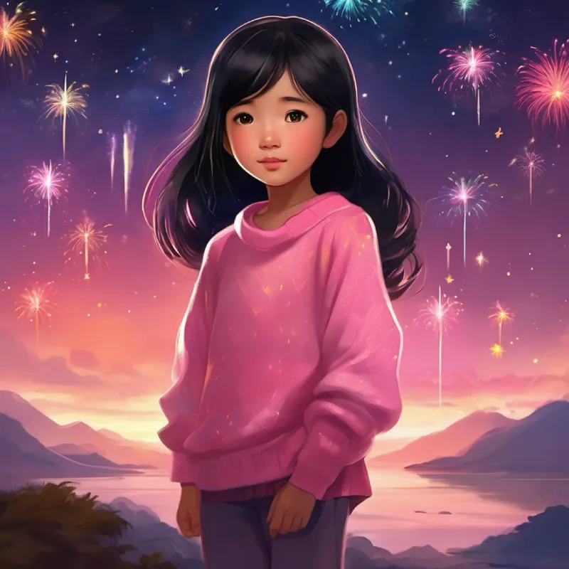 A comforting illustration of Cindy comforting Bao as fireworks light up the night sky, with bright colors in the background.
