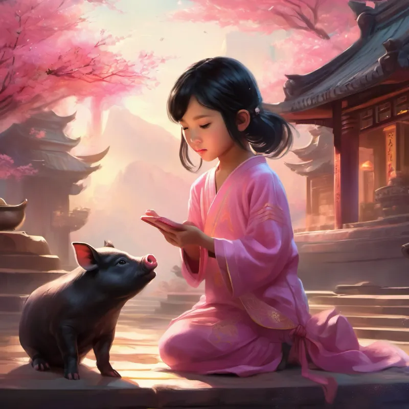 Cindy and her pet pig Bao at the temple, bowing and making wishes for the New Year.