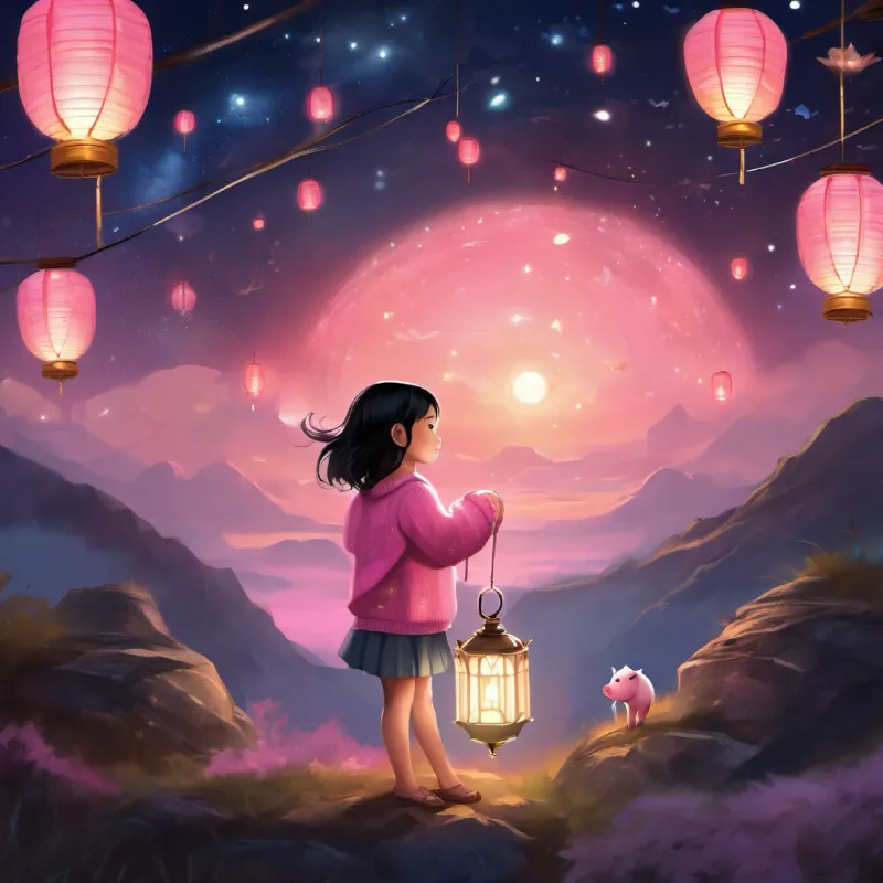 A magical illustration of Cindy and her pet pig Bao releasing their pig lantern into the starry night sky, surrounded by other glowing lanterns.