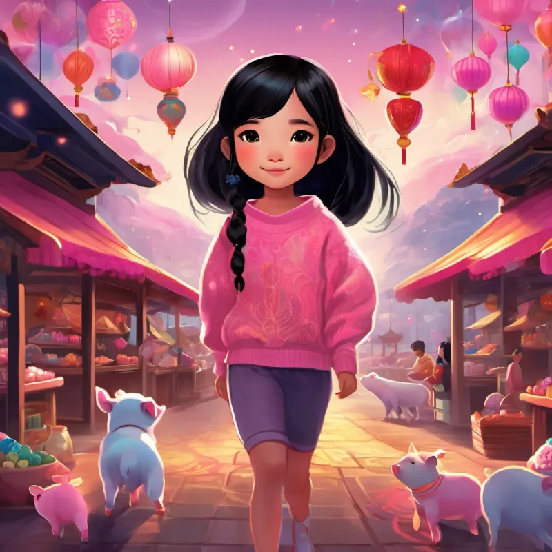 An energetic illustration of Cindy and her pet pig Bao exploring lively festival stalls, with colorful treats and toys all around.