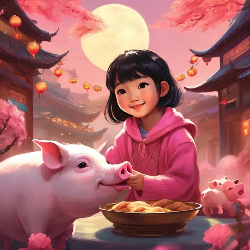 A heartwarming illustration of Cindy giving a dumpling to a smiling boy, with her pet pig Bao happily watching, surrounded by the festival's lively atmosphere.
