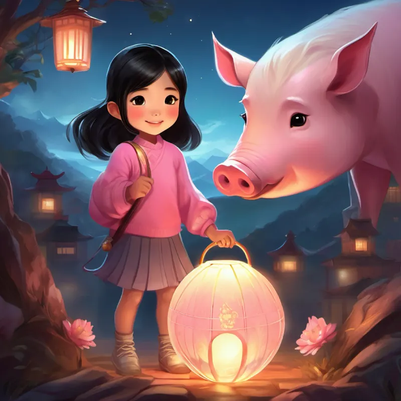 A heartwarming illustration of Cindy and her pet pig Bao holding a pig-shaped lantern, its glow lighting up their happy faces.