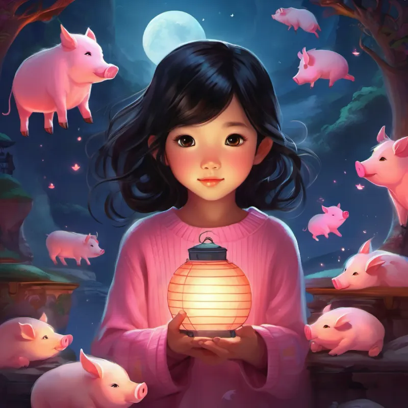 A dreamy illustration of Cindy sleeping, with the pig lantern glowing brightly, leading the way through dreamland.