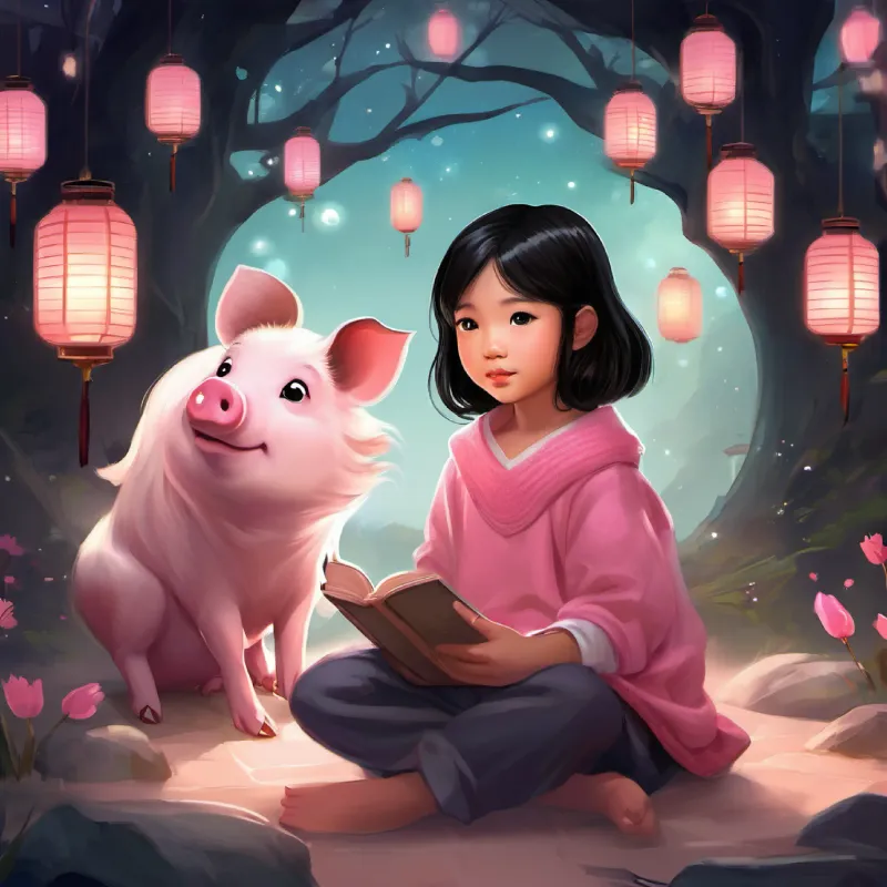 An enchanting illustration of Cindy and her pet pig Bao sitting on the ground, listening with wide-eyed fascination to the storyteller, with lanterns in the background.