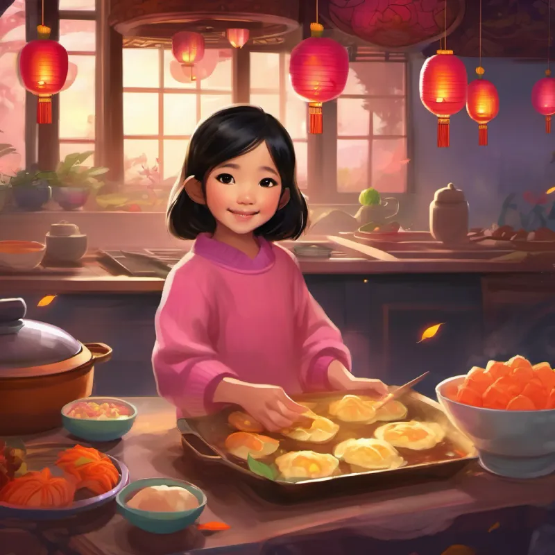 A lively illustration of Cindy and her mom in the kitchen, making sweet potato dumplings, with a glimpse of the temple and colorful lanterns in the background.