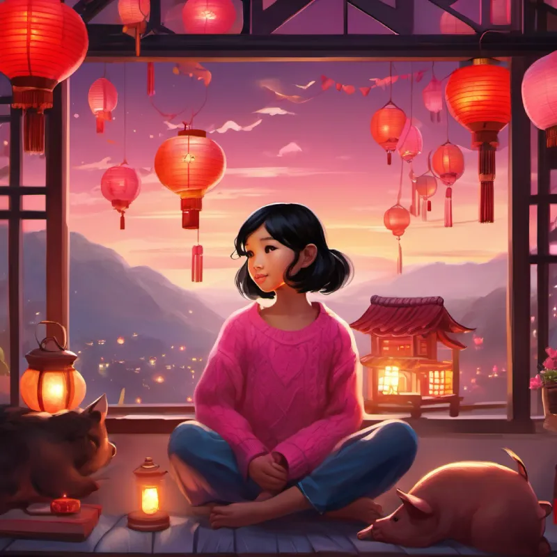 A detailed illustration showing Cindy and her pet pig Bao in their cozy home, surrounded by red decorations, with a view of lanterns lighting up the Taiwanese sky.