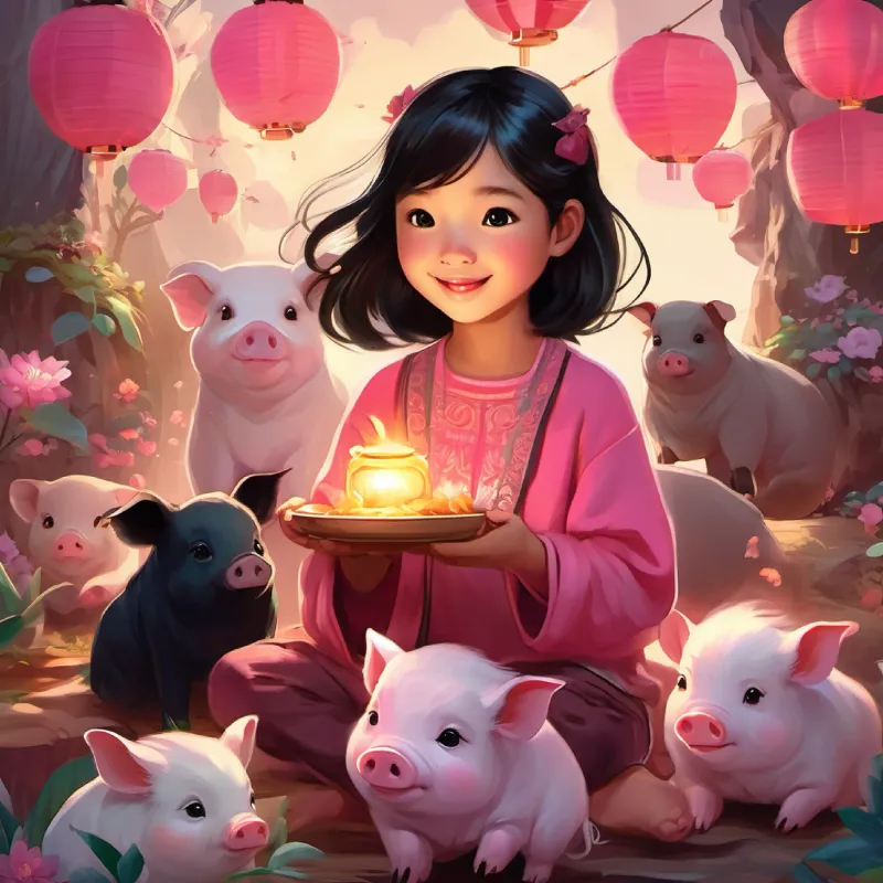 A lively illustration of Cindy and  her pet pig Bao surrounded by friends, sharing treats and stories, with lanterns and joyful faces all around.