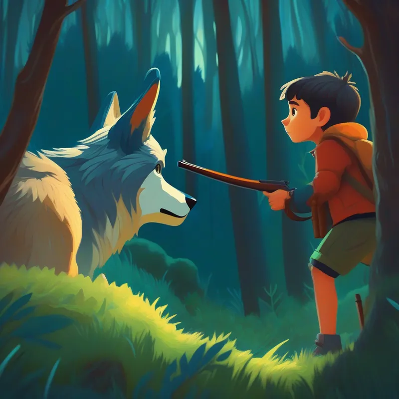 Jack - the boy with the ability to transform into a wolf, as a wolf, watching a hunter aiming at a deer